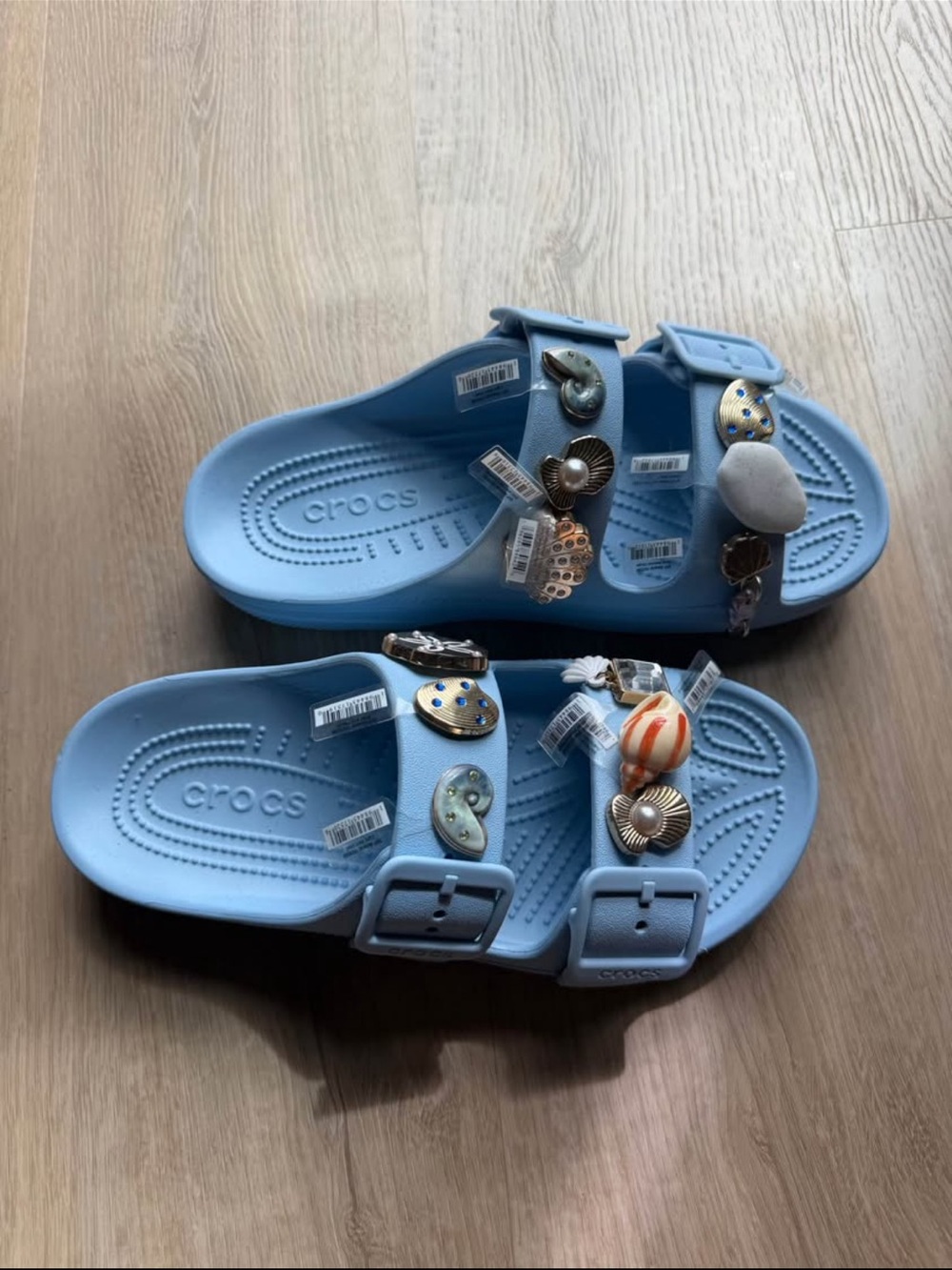CROCS Light Blue Double-Buckle Sandals with Decorative Charms